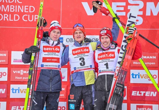 Das Podium: Jens Luraas Oftebro (NOR), Julian Schmid (GER), Franz-Josef Rehrl (AUT), (l-r)