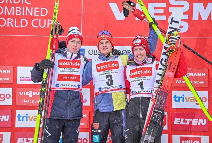 Das Podium: Jens Luraas Oftebro (NOR), Julian Schmid (GER), Franz-Josef Rehrl (AUT), (l-r)