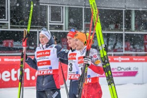 Die drei Besten: Jens Luraas Oftebro (NOR), Julian Schmid (GER), Franz-Josef Rehrl (AUT), (l-r)