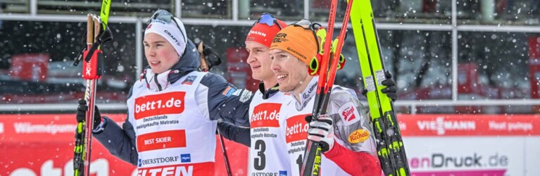 Die drei Besten: Jens Luraas Oftebro (NOR), Julian Schmid (GER), Franz-Josef Rehrl (AUT), (l-r)