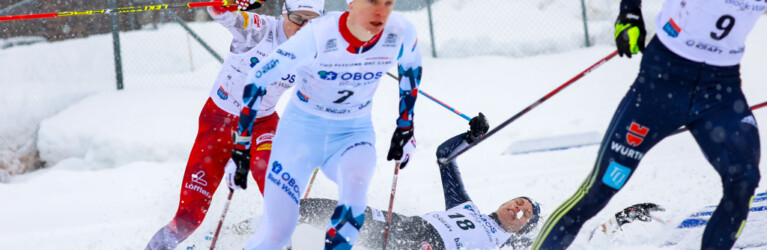 Die Kurve vor dem Ziel hatte es in sich: Einar Luraas Oftebro (NOR), David Mach (GER), Emil Ottesen (NOR), (l-r)