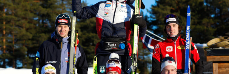 Das Einzelpodium der Herren am Sonntag: Manuel Einkemmer (AUT), Terence Weber (GER), Kasper Moen Flatla (NOR), Einar Luraas Oftebro (NOR), Sebastian Oestvold (NOR), Thomas Rettenegger (AUT), (l-r)