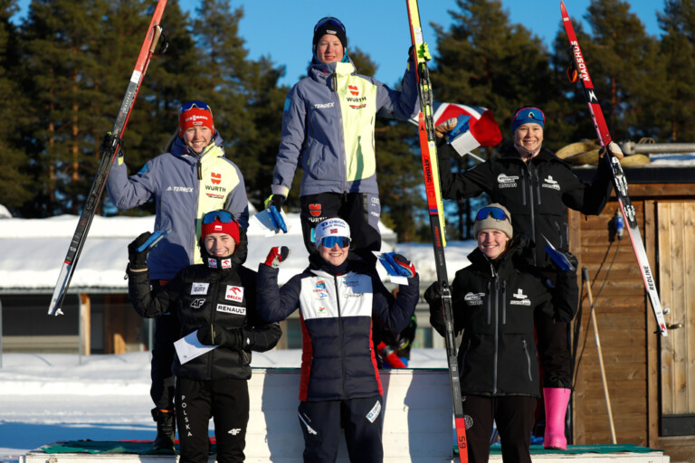 Das Damen-Podium vom Einzelwettkampf am Sonntag: Trine Goepfert (GER), Joanna Kil (POL), Kjersti Graesli (NOR), Sophia Maurus (GER), Alexa Brabec (USA), Annika Malacinski (USA), (l-r)