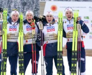 Teamweltmeister von der Großschanze: Jens Luraas Oftebro (NOR), Espen Andersen (NOR), Jarl Magnus Riiber (NOR), Joergen Graabak (NOR), (l-r)