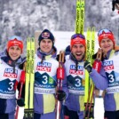 Das deutsche Quartett beim Mannschaftswettbewerb bei der WM in Planica: Eric Frenzel (GER), Vinzenz Geiger (GER), Johannes Rydzek (GER), Julian Schmid (GER), (l-r)