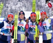 Das deutsche Quartett beim Mannschaftswettbewerb bei der WM in Planica: Eric Frenzel (GER), Vinzenz Geiger (GER), Johannes Rydzek (GER), Julian Schmid (GER), (l-r)