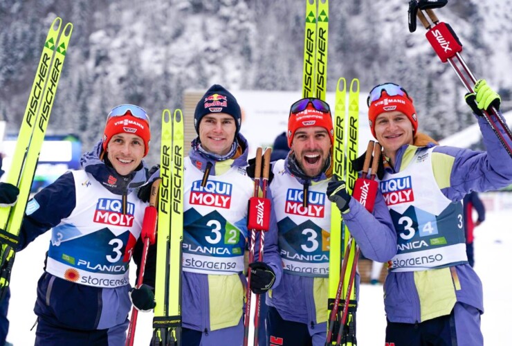 Das deutsche Quartett beim Mannschaftswettbewerb bei der WM in Planica: Eric Frenzel (GER), Vinzenz Geiger (GER), Johannes Rydzek (GER), Julian Schmid (GER), (l-r)