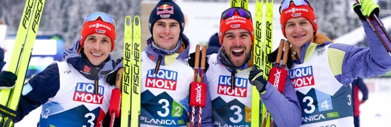 Das deutsche Quartett beim Mannschaftswettbewerb bei der WM in Planica: Eric Frenzel (GER), Vinzenz Geiger (GER), Johannes Rydzek (GER), Julian Schmid (GER), (l-r)