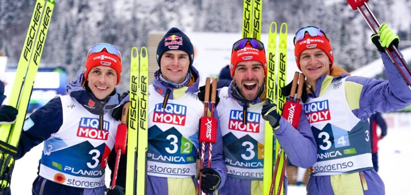 Das deutsche Quartett beim Mannschaftswettbewerb bei der WM in Planica: Eric Frenzel (GER), Vinzenz Geiger (GER), Johannes Rydzek (GER), Julian Schmid (GER), (l-r)