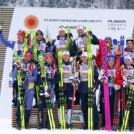 Das Podium im Teamwettbewerb: Julian Schmid (GER), Johannes Rydzek (GER), Vinzenz Geiger (GER), Eric Frenzel (GER), Jens Luraas Oftebro (NOR), Espen Andersen (NOR), Joergen Graabak (NOR), Jarl Magnus Riiber (NOR), Lukas Greiderer (AUT), Martin Fritz (AUT), Stefan Rettenegger (AUT), Johannes Lamparter (AUT), (l-r)