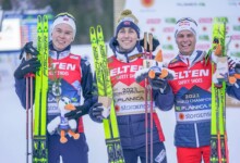 Die drei Erstplatzierten: Jens Luraas Oftebro (NOR), Jarl Magnus Riiber (NOR), Johannes Lamparter (AUT), (l-r)