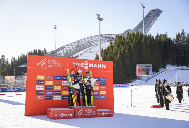 Die Tagessieger: Julian Schmid (GER), Jarl Magnus Riiber (NOR), Johannes Lamparter (AUT), (l-r)