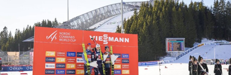 Die Tagessieger: Julian Schmid (GER), Jarl Magnus Riiber (NOR), Johannes Lamparter (AUT), (l-r)