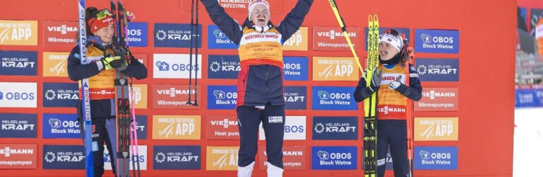 Gyda Westvold Hansen (NOR) freut sich über ihren zweiten Gesamtsieg, Nathalie Armbruster (GER, l) und Ida Marie Hagen (NOR, r) klatschen Beifall.