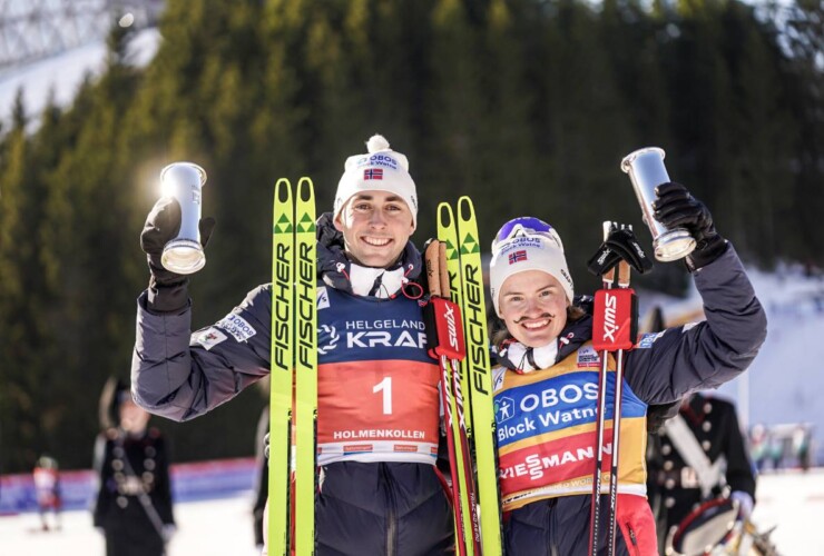 Jarl Magnus Riiber (NOR) und Gyda Westvold Hansen (NOR), (l-r) gewinnen den King's Cup.