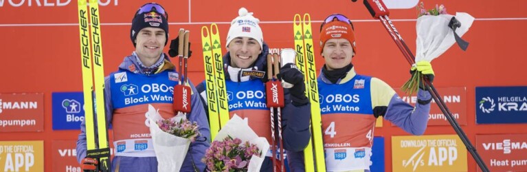 Die Sieger: Vinzenz Geiger (GER), Jarl Magnus Riiber (NOR), Julian Schmid (GER), (l-r)