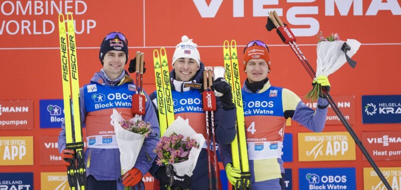 Die Sieger: Vinzenz Geiger (GER), Jarl Magnus Riiber (NOR), Julian Schmid (GER), (l-r)