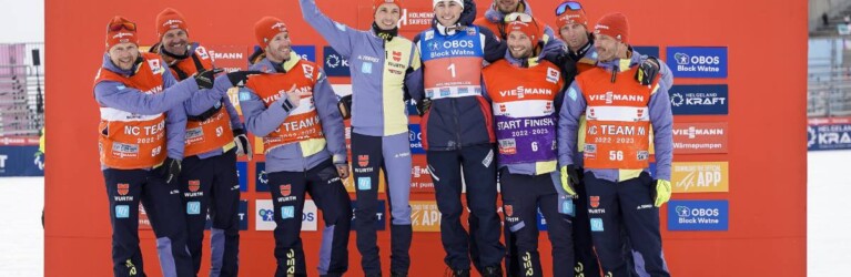 Eric Frenzel (GER), und bJarl Magnus Riiber (NOR) mit dem deutschen Trainerteam