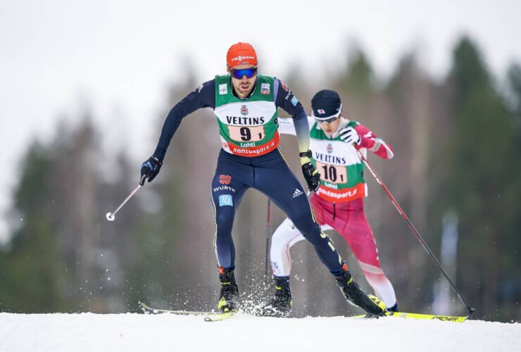 Johannes Rydzek (GER) am Ort, an dem er vier Goldmedaillen bei einer WM gewann.