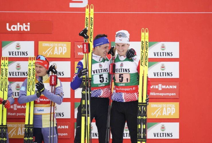 Zwei Freunde auf dem Podium: Laurent Muhlethaler (FRA), Matteo Baud (FRA), (l-r)