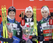 Die Tagessieger: Kristjan Ilves (EST), Jarl Magnus Riiber (NOR), Jens Luraas Oftebro (NOR), (l-r)