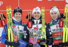 Die Tagessieger: Kristjan Ilves (EST), Jarl Magnus Riiber (NOR), Jens Luraas Oftebro (NOR), (l-r)