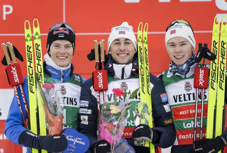 Die Tagessieger: Kristjan Ilves (EST), Jarl Magnus Riiber (NOR), Jens Luraas Oftebro (NOR), (l-r)