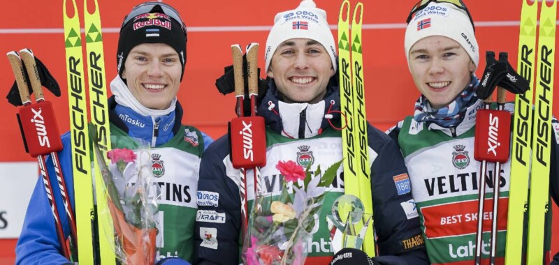 Die Tagessieger: Kristjan Ilves (EST), Jarl Magnus Riiber (NOR), Jens Luraas Oftebro (NOR), (l-r)