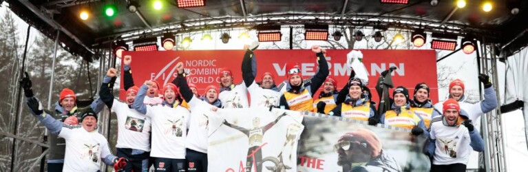 Das deutsche Team gewinnt den Nationencup und verabschiedet Hermann Weinbuch und Eric Frenzel. Johannes Rydzek (GER), Jakob Lange (GER), Julian Schmid (GER), Manuel Faisst (GER), Vinzenz Geiger (GER), Terence Weber (GER), Eric Frenzel (GER), (l-r)