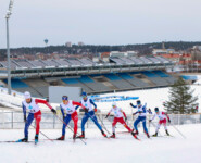 Tom Michaud (FRA), Gael Blondeau (FRA), Grant Andrews (USA), Jonas Fischbacher (AUT), Carter Brubaker (USA), Kyotaro Yamazaki (JPN), (l-r) beim COC in Lahti (FIN)