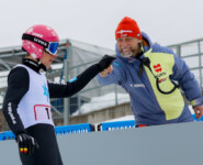 David Mach (GER) feiert mit Holger Meichsner seinen gelungenen Sprung.