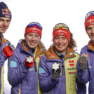 Die Silbermedaillengewinner von Planica: Vinzenz Geiger (GER), Julian Schmid (GER), Jenny Nowak (GER), Nathalie Armbruster (GER), (l-r)