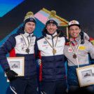 Jens Luraas Oftebro (NOR), Jarl Magnus Riiber (NOR) und Johannes Lamparter (AUT) (l-r) gehörten auch in Planica zu den Hauptakteuren.