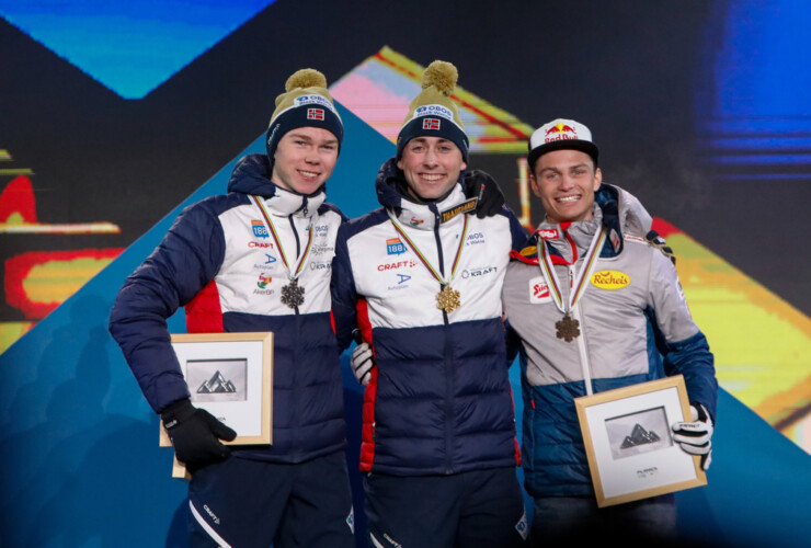 Jens Luraas Oftebro (NOR), Jarl Magnus Riiber (NOR) und Johannes Lamparter (AUT) (l-r) gehörten auch in Planica zu den Hauptakteuren.