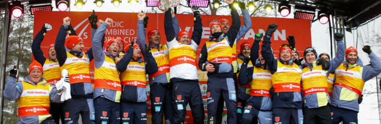 Team Deutschland gewinnt die Nationenwertung bei den Herren. Im Bild: Julian Schmid (GER), Eric Frenzel (GER), Johannes Rydzek (GER), Terence Weber (GER), Vinzenz Geiger (GER), Manuel Faisst (GER), Jakob Lange (GER), (l-r)