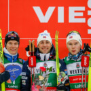 Kristjan Ilves (EST), hier mit Jarl Magnus Riiber (NOR) und Jens Luraas Oftebro (NOR) (l-r) in Lahti (FIN), stand in dieser Saison mehrfach auf dem Podest.