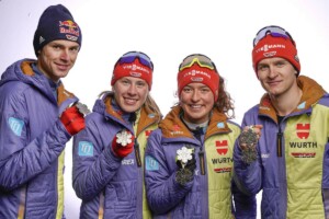 Vinzenz Geiger (GER), Jenny Nowak (GER), Nathalie Armbruster (GER) und Julian Schmid (GER) (l-r) freuen sich auf die Heimspiele in Oberwiesenthal und Oberstdorf.