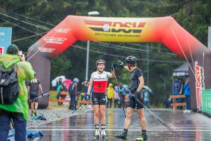 Jenny Nowak (GER) und Johannes Rydzek (GER), (l-r) freuen sich über Rang drei.