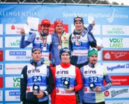 Die Sieger beim Einzel der Herren: Johannes Rydzek (GER), Julian Schmid (GER), Terence Weber (GER), David Mach (GER), Manuel Faisst (GER), Fabian Riessle (GER), (l-r)