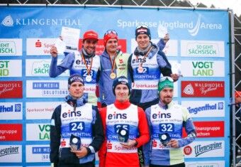 Die Sieger beim Einzel der Herren: Johannes Rydzek (GER), Julian Schmid (GER), Terence Weber (GER), David Mach (GER), Manuel Faisst (GER), Fabian Riessle (GER), (l-r)