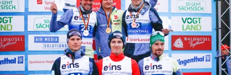 Die Sieger beim Einzel der Herren: Johannes Rydzek (GER), Julian Schmid (GER), Terence Weber (GER), David Mach (GER), Manuel Faisst (GER), Fabian Riessle (GER), (l-r)