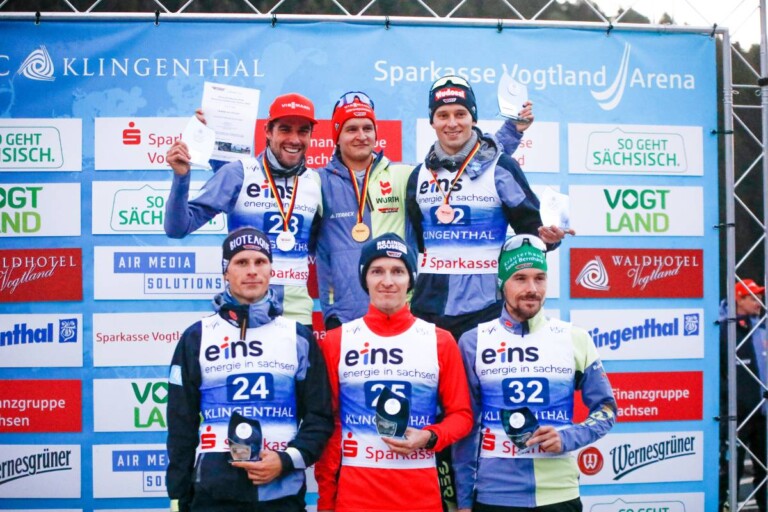 Die Sieger beim Einzel der Herren: Johannes Rydzek (GER), Julian Schmid (GER), Terence Weber (GER), David Mach (GER), Manuel Faisst (GER), Fabian Riessle (GER), (l-r)