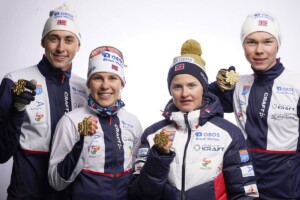 Die erfolgreichsten Norweger des vergangenen Winters: Jarl Magnus Riiber (NOR), Gyda Westvold Hansen (NOR), Jens Luraas Oftebro (NOR), Ida Marie Hagen (NOR), (l-r)