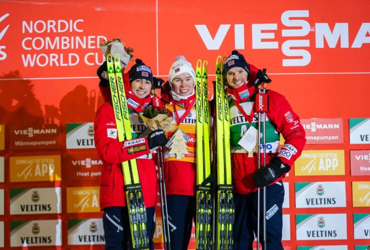 Norwegischer Dreifacherfolg: Jarl Magnus Riiber (NOR), Jens Luraas Oftebro (NOR), Joergen Graabak (NOR), (l-r)