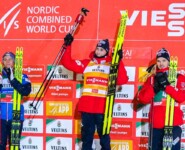 Das Podium am Samstag: Johannes Lamparter (AUT), Jarl Magnus Riiber (NOR), Joergen Graabak (NOR), (l-r)