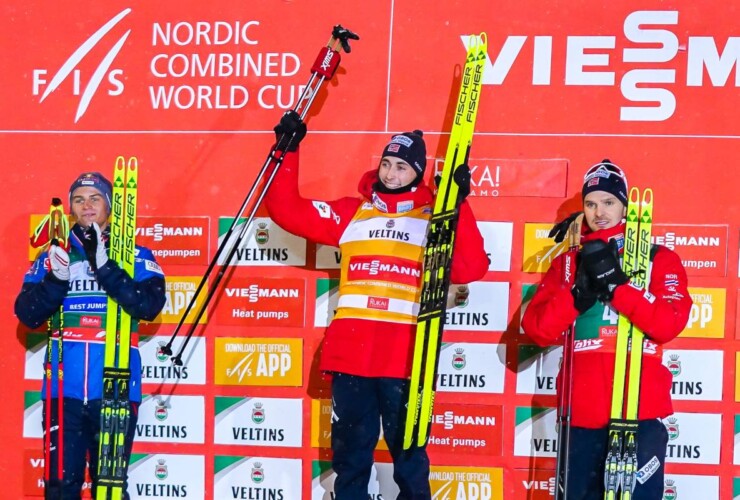 Das Podium am Samstag: Johannes Lamparter (AUT), Jarl Magnus Riiber (NOR), Joergen Graabak (NOR), (l-r)