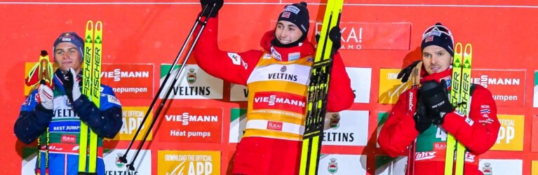 Das Podium am Samstag: Johannes Lamparter (AUT), Jarl Magnus Riiber (NOR), Joergen Graabak (NOR), (l-r)