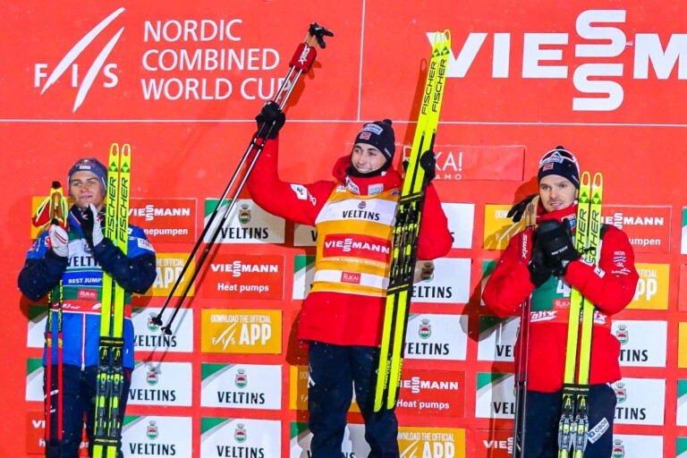 Das Podium am Samstag: Johannes Lamparter (AUT), Jarl Magnus Riiber (NOR), Joergen Graabak (NOR), (l-r)