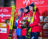Das Podium am Samstag: Johannes Lamparter (AUT), Jarl Magnus Riiber (NOR), Joergen Graabak (NOR), (l-r)