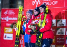 Das Podium am Samstag: Johannes Lamparter (AUT), Jarl Magnus Riiber (NOR), Joergen Graabak (NOR), (l-r)